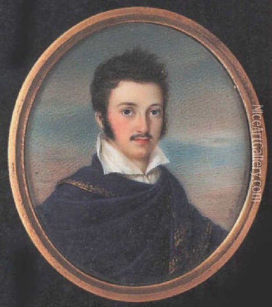A Gentleman Wearing Gold-edged Blue Cloak Over White Shirt With Wide Collar Oil Painting - Anton Richter