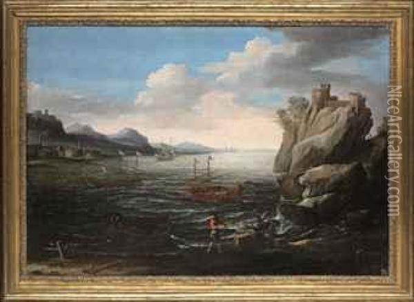 A Coastal Landscape With 
Fishermen On The Shore, A Genoese Galleyand Other Vessels And A Hilltop 
Fortress Beyond Oil Painting - Agostino Tassi