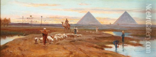 Herding Sheep Along The Nile At Dusk Near Pyramids Oil Painting - Frederick Goodall