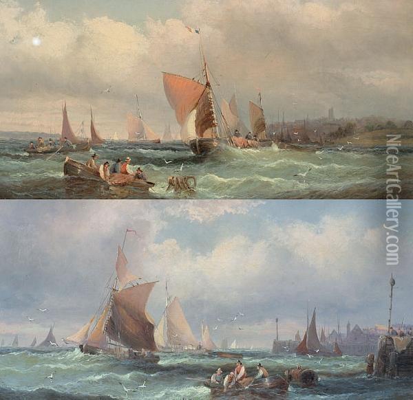 Fishing Boats Off A Harbour, And Another Similar Oil Painting - William A. Thornley Or Thornber