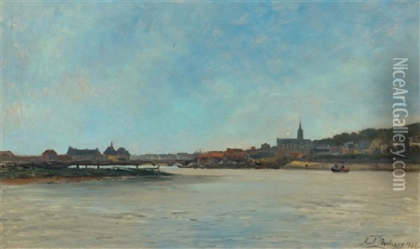 View Of A Small Town On A River With Bridge Oil Painting - Karl Pierre Daubigny