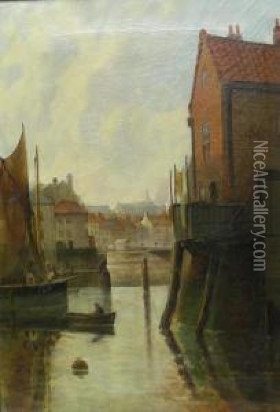 Herring Boats In Whitby Harbour Oil Painting - Alfred George Morgan
