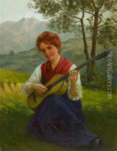 Madchen Mit Gitarre Oil Painting - Theodor Kleehaas