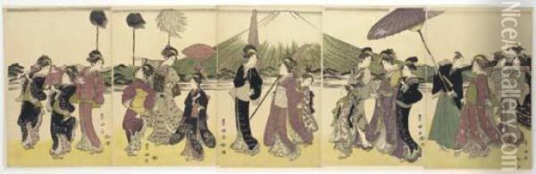 A Parody Of A Daimyo's Procession At The Foot Of Mount Fuji Oil Painting - Toyokuni