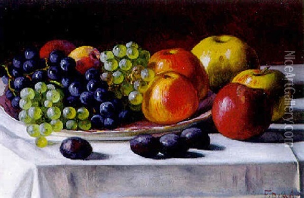 Obststilleben Mit Trauben Und Apfeln Auf Weis Gedecktem Tisch Oil Painting - Franz (August Waidhofer) Demel