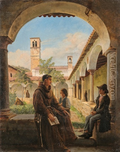 Monch Mit Zwei Kindern Im Kreuzgang Des Kapuzinerklosters Von Lugano Oil Painting - Aurele Robert