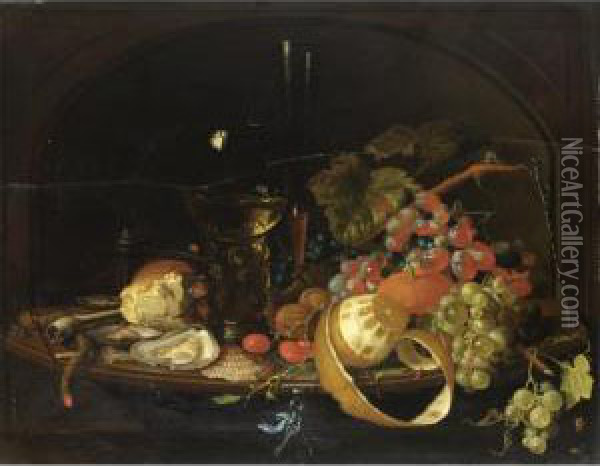 Natura Morta Con Uva, Ostriche, Pane E Bicchiere Oil Painting - David Cornelisz. de Heem
