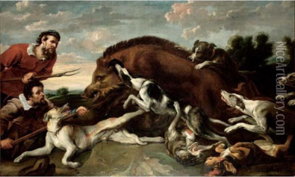 A Boar Hunt With Hounds And Two Sportsmen Oil Painting - Frans Snyders