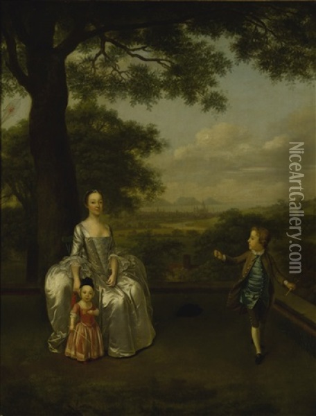 A Lady With Two Children Playing On A Terrace Oil Painting - Arthur Devis