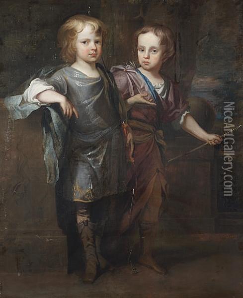 A Double Portrait Of Two Boys, 
Standing Full-lengths, In Classical Costume, One Holding A Bow, The 
Other An Arrow, A View To A Park Landscape Beyond Oil Painting - Sir Peter Lely