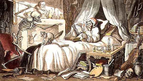 Fungus, at length, contrives to get-Deaths Dart into his Cabinet, from the English Dance of Death pub. by Rudolph Ackermann 1764-1834 1814 Oil Painting - Thomas Rowlandson