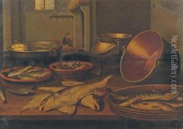 A Kitchen Interior With Fish And Utensils On A Table Oil Painting - Floris Gerritsz. van Schooten