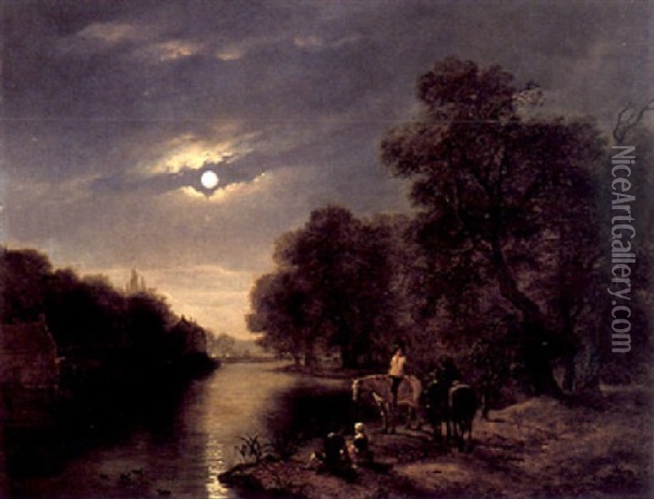 Figures By A Moonlit River Oil Painting - Jacobus Theodorus Abels