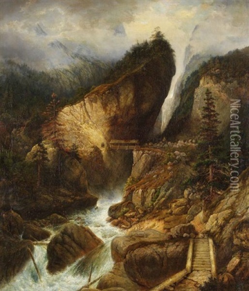 Wasserfall In Den Bayerischen Alpen (die Hollenklamm Bei Garmisch?) Oil Painting - Johann Jakob Dorner the Younger