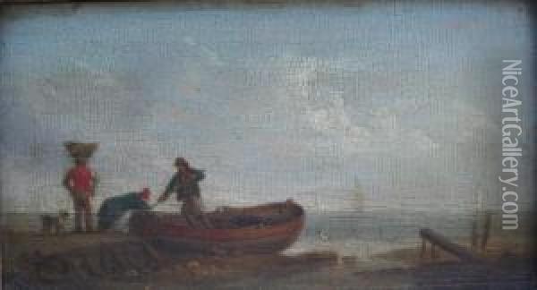 Fisherfolk With Boats On The Shore Oil Painting - William Anderson