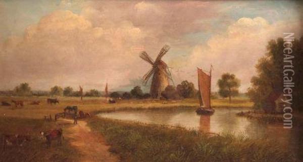 A Norfolk River Scene With Wherry And Windmill Oil Painting - Edward Littlewood