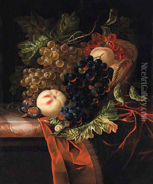 A still life of fruitgrapes and peaches in a basket on a draped marble ledge, with a mouse eating chestnuts Oil Painting - Ernst Stuven