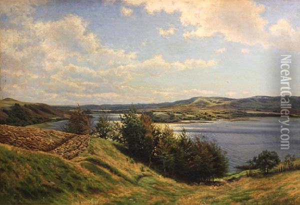 An Extensive River Landscape On A Summer Afternoon Oil Painting - Edvard Michael Jensen