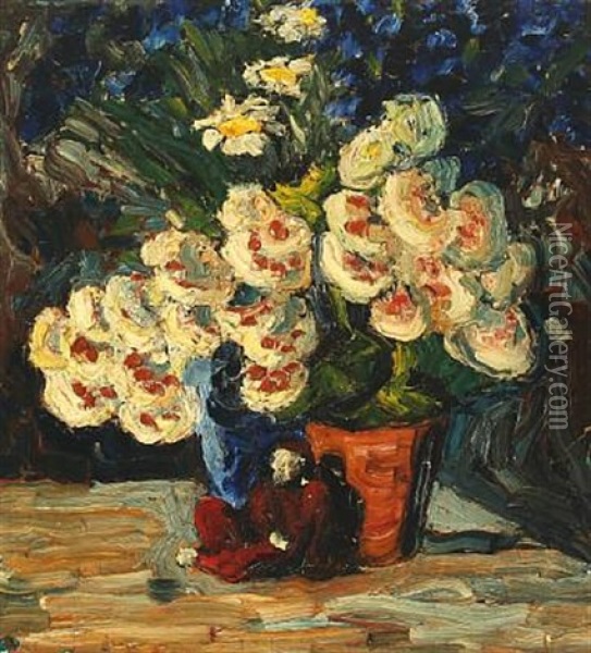 Still Life With Flower Vase And Doll Oil Painting - Nikolaus (Niko) Woehlk
