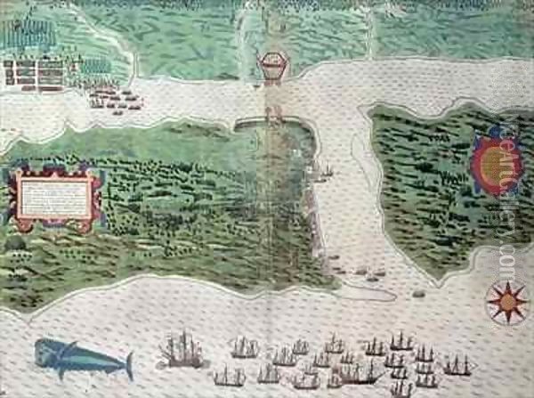Map depicting the destruction of the Spanish colony of St. Augustine in Florida on 7th July 1586 by the English fleet commanded by Sir Francis Drake (1540-96) Oil Painting - Baptista Boazio