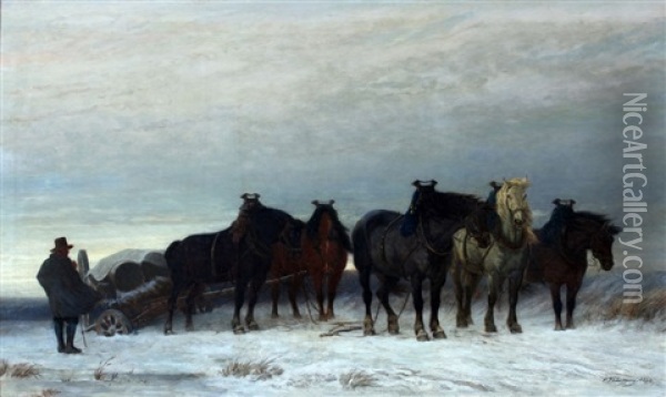 Paarden Met Wagen In De Sneeuw Oil Painting - Charles Philogene Tschaggeny