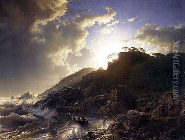 Sunset After A Storm On The Coast Of Sicily Oil Painting - Andreas Achenbach
