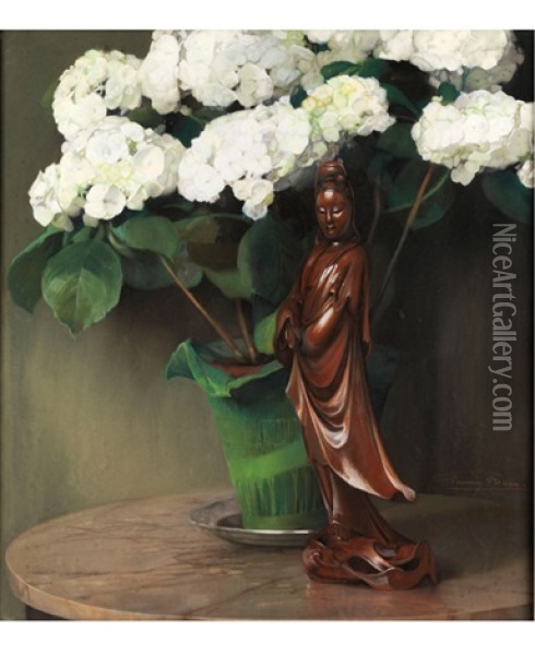 Stilleben Mit Chinesischer Figur Vor Weissen Hortensien Oil Painting - Firmin Baes