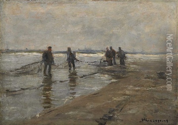 Salmfischer Am Rhein Oil Painting - Helmuth Liesegang