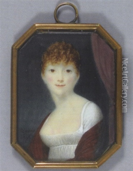 Portrait De Jeune Femme En Robe De Soie Blanche, Cape Rouge Et Vue Devant Une Draperie Mauve Oil Painting - Charles Henard