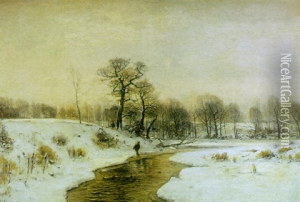 An Extensive Winter Landscape With A Figure Walking A Long A Stream Oil Painting - Wilhelm Schroeter