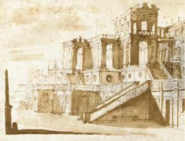 A Courtyard Of A Palace With A 
Series Of Porticos (recto); Architectural Sketches (verso) Oil Painting - Giuseppe Galli Bibiena