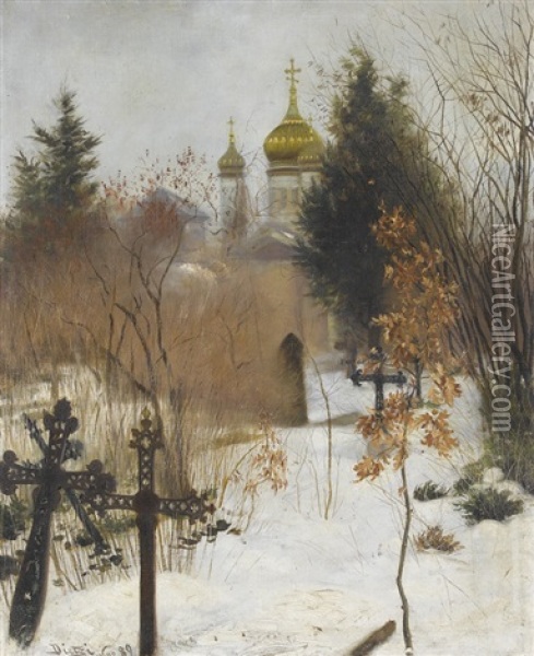 Verschneiter Friedhof Mit Orthodoxer Kirche Oil Painting - Hans Dietzi