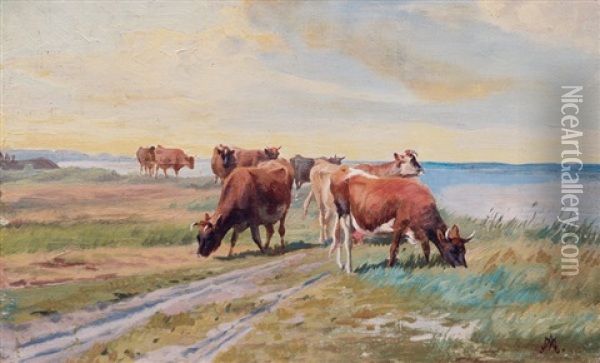Grazing Cows On The Riverbank Oil Painting - Adolf Heinrich Mackeprang