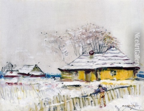 Snowy Landscape With Houses Oil Painting - Laszlo Mednyanszky