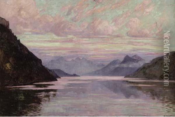Coucher De Soleil Sur Le Lac De Come Oil Painting - Henri Havet