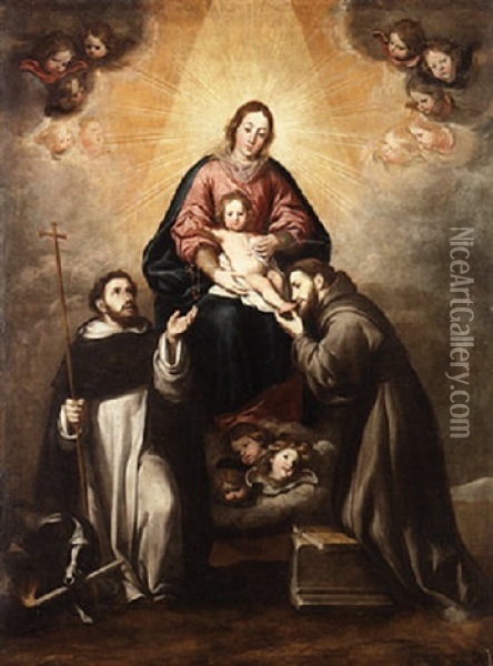 The Virgin And Child Appearing To Saints Francis And Dominic Oil Painting - Antonio Del Castillo Y Saavedra