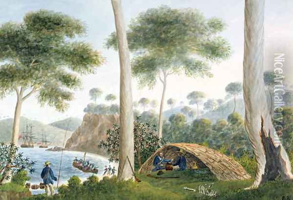 Native Hut or Wigwam of Adventure Bay, Van Diemans Land, 1792 Oil Painting - Captain George Tobin