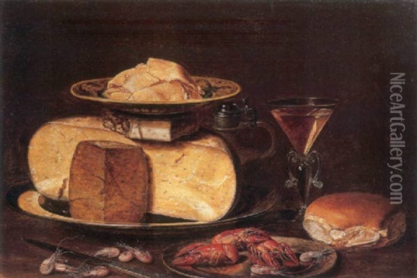 Slices Of Butter On A Porselein Plate, On A Cheesestack On A Pewter Plate, With A Jug, A Wineglass, A Bun, Crayfish, A Knife And Shrimps Oil Painting - Clara Peeters