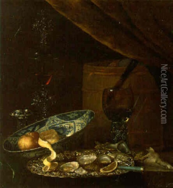 A Vanitas: A Jar, A Skull, A Medal And Other Objects On A Draped Table Oil Painting - Pieter Gerritsz van Roestraten