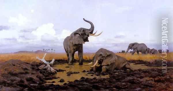 In The Twilight, Elephants Oil Painting - Wilhelm Kuhnert