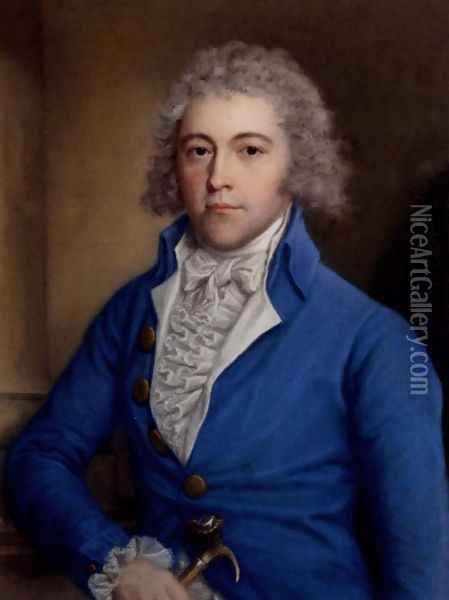 Portrait of a Gentleman, half-length, in a blue coat, holding a cane in his right hand Oil Painting - John Russell