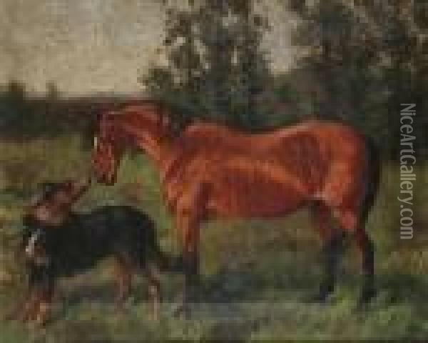 A Horse And Dog In A Meadow Oil Painting - George Paice