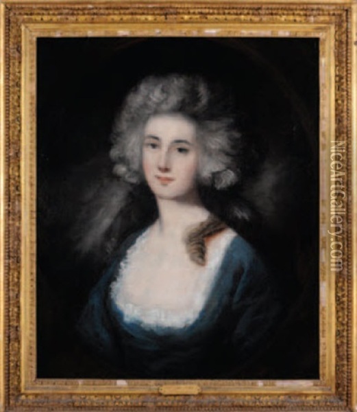 Portrait Of A Lady (mary Isabella, 4th Dutchess Of Rutland?) Wearing A Blue Dress Trimmed With White Lace Oil Painting - Thomas Gainsborough