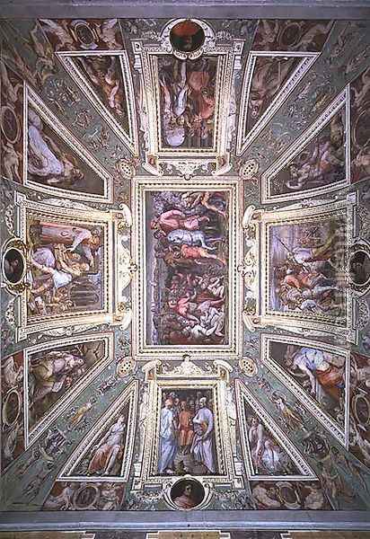 The ceiling of the Sala di Cosimo Il Vecchio showing Cosimo de' Medici (1389-1464) returning from exile in 1434, c.1560 Oil Painting - Giorgio Vasari