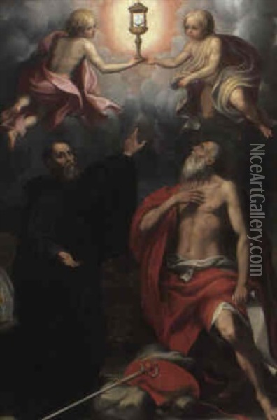 Ss. Bernard And Jerome Adoring The Host Oil Painting - Antonio Campi