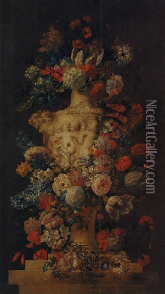 Roses, Hyacinths, Daffodils, Carnations And Other Flowers In A Sculpted Urn On A Stone Ledge Oil Painting - Jean-Baptiste Morel