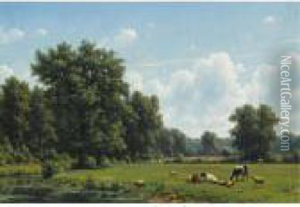 Cattle In A Summer Landscape Oil Painting - Julius Jacobus Van De Sande Bakhuyzen