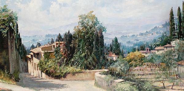 Tuscan Landscape With Cypres Trees Oil Painting - Giovanni Ponticelli