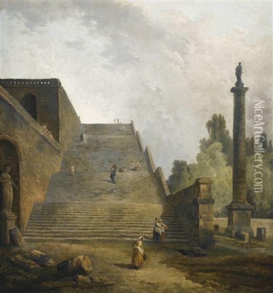 Figures Walking Up A Monumental Staircase Oil Painting - Hubert Robert
