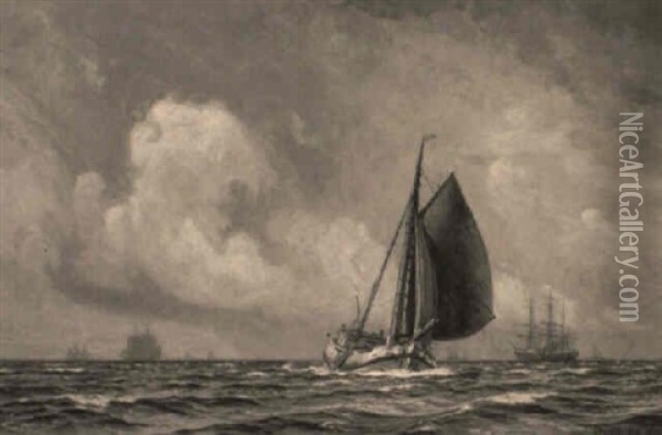 Marine Med Fiskerkutter I Forgrunden Oil Painting - Christian Ferdinand Andreas Molsted